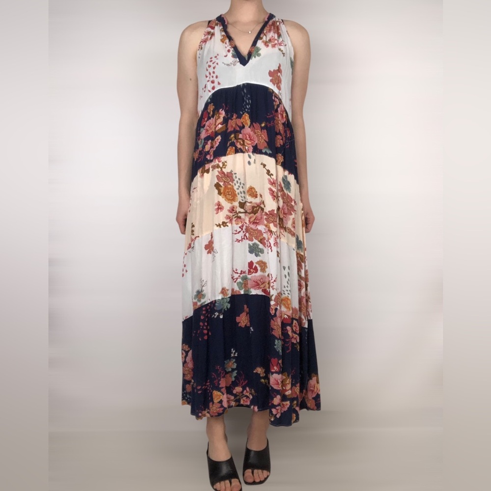 Lula‎ Soul Tiered Floral Color Block Maxi Sleeveless Dress White Blue Size XS